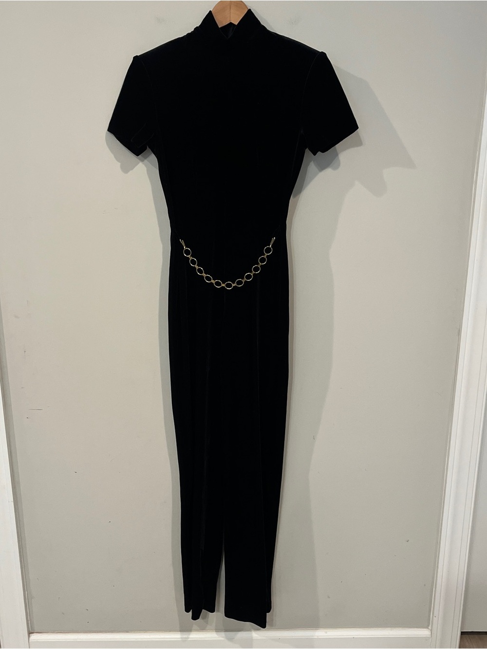 Vintage Panache 90s Black Velvet High-Neck Jumpsuit with Gold Chain Detail